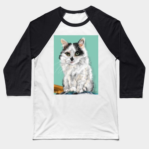 Black and White Cat Sitting Pretty Baseball T-Shirt by LITDigitalArt